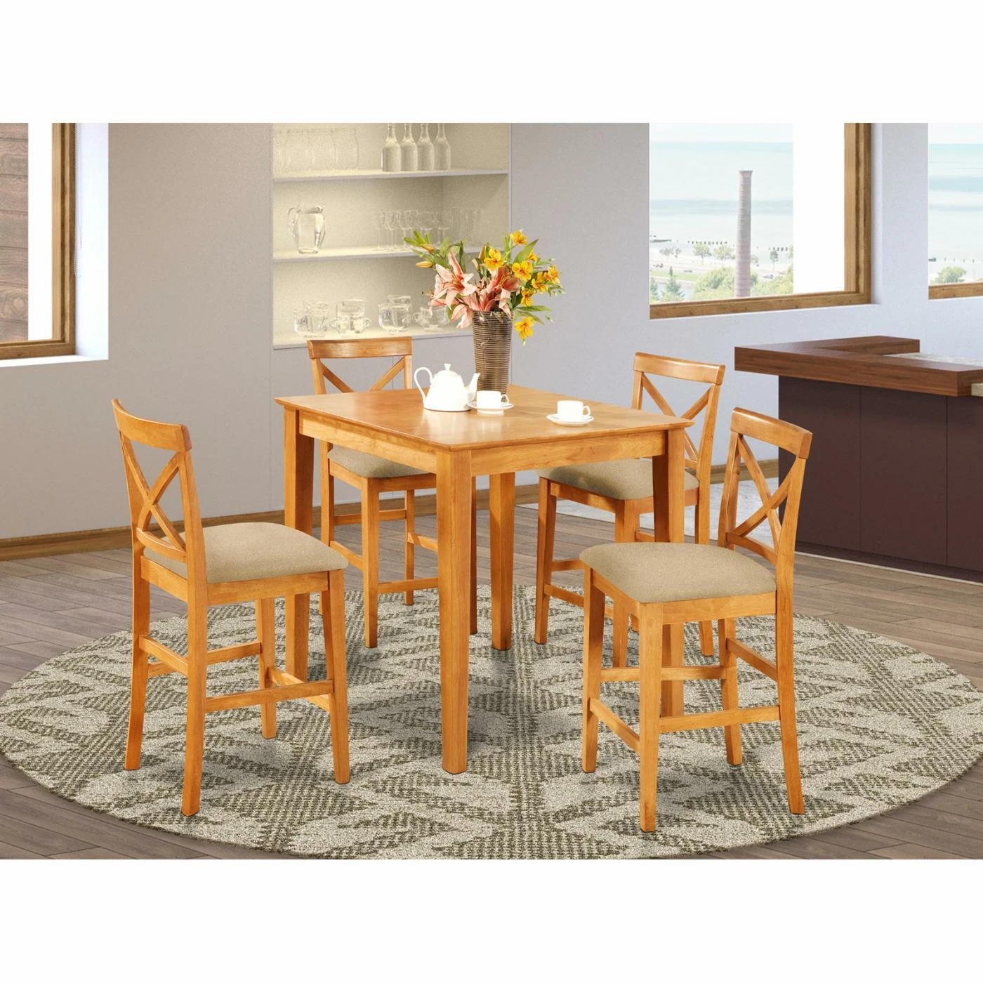 Budget 😀 Square East West Furniture Pub 5 Piece High Cross Dining Table Set 💯 4 Budget 😀 Square East West Furniture Pub 5 Piece High Cross Dining Table Set 💯 - Image 2