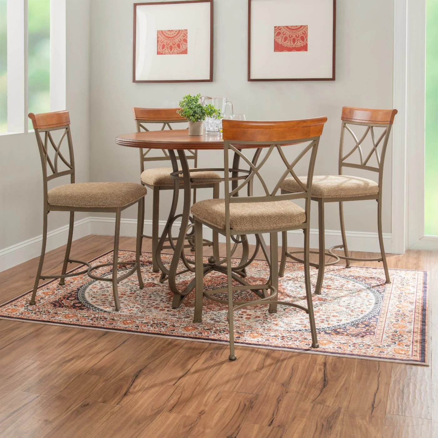 Flash Sale π Round Powell Hamilton 5-Piece Counter Height Dining Set - Brushed Faux Medium Cherry And Matte Pewter And Bronze π 4 Flash Sale π Round Powell Hamilton 5-Piece Counter Height Dining Set - Brushed Faux Medium Cherry And Matte Pewter And Bronze π - Image 2