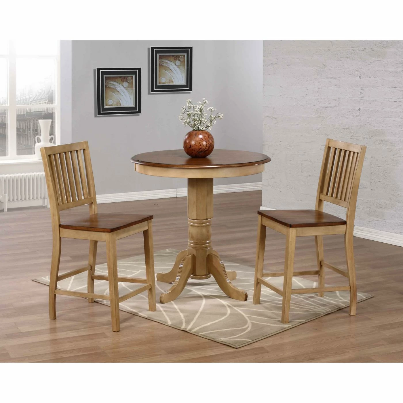 Outlet 🧨 Sunset Trading 3-Piece Brook 36 In. Round Pub Dining Table Set With Slat Back Stools ❤️ 4 Outlet 🧨 Sunset Trading 3-Piece Brook 36 In. Round Pub Dining Table Set With Slat Back Stools ❤️ - Image 2