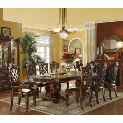 Best Pirce ❤️ Rectangle Acme Furniture Vendome Cherry 9 Piece Double Pedestal Dining Table Set With Carved Chairs 🥰