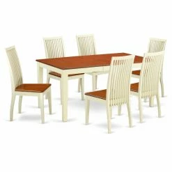 Promo 🔥 Rectangle East West Furniture Nicoli 7 Piece Dining Table Set - Buttermilk / Cherry 🛒