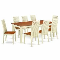 Hot Sale 🥰 Kitchen & Dinette Sets East West Furniture Quincy 9 Piece 18 In. Extension Leaf Dining Table Set - Buttermilk / Cherry ✔️