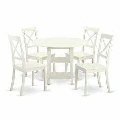 Deals 🥰 Round East West Furniture Sudbury 5 Piece Dual Drop Leaf Dining Table Set With Cross Back Dining Chairs - Linen White 😀
