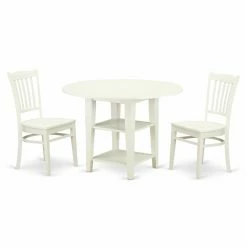 New 🌟 Round East West Furniture Sudbury 3 Piece Dual Drop Leaf Dining Table Set With Slat Back Chairs - Linen White ⭐