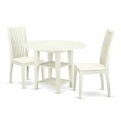 Best Sale 🌟 Round East West Furniture Sudbury 3 Piece Dual Drop Leaf Dining Table Set With Slat Back Dining Chairs 👏
