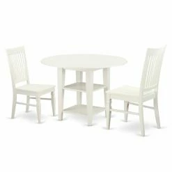 Outlet 👍 Round East West Furniture Sudbury 3 Piece Dual Drop Leaf Dining Table Set With Slat Back Chairs 🧨