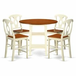 Hot Sale 😍 Round East West Furniture Sudbury 5 Piece Double Drop Leaf Dining Table Set With Keyhole Back Chairs 👏