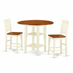 Discount 👏 East West Furniture Sudbury 3 Piece Round Double Drop Leaf Dining Table Set With Slat Back Chairs 😉