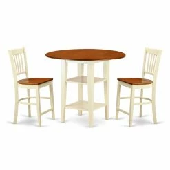 Wholesale 👏 Round East West Furniture Sudbury 3 Piece Double Drop Leaf Dining Table Set With Slat Back Chairs - Buttermilk / Cherry 🔥