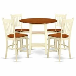 Discount 🥰 Round East West Furniture Sudbury 5 Piece Double Drop Leaf Dining Table Set With Slat Back Chairs - Buttermilk / Cherry 😉