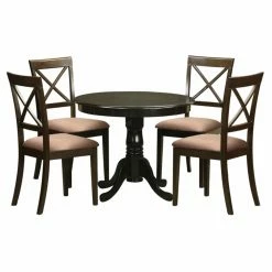Hot Sale ⭐ Kitchen & Dinette Sets East West Furniture Antique 5 Piece Pedestal Round Dining Table Set With Boston Microfiber Seat Chairs 🎁