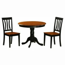 Discount ⭐ East West Furniture Antique 3 Piece Pedestal Round Dining Table Set With Wooden Seat 🔔
