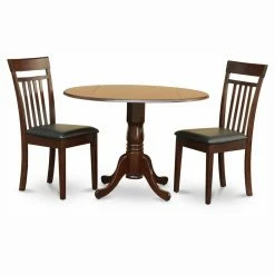 Discount 👏 Round East West Furniture Dublin 3 Piece Drop Leaf Dining Table Set With Capri Faux Leather Seat Chairs ⌛