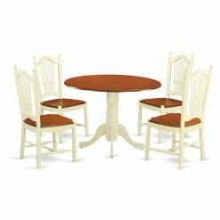 Promo 🧨 Round East West Furniture Dublin 5 Piece Drop Leaf Dining Table Set With Dover Wooden Seat Chairs 🎁