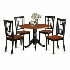 New 🛒 Round East West Furniture Dublin 5 Piece Drop Leaf Dining Table Set With Nicoli Wooden Seat Chairs 💯