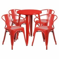 Promo 💯 Casual Dining Sets Flash Furniture 24 In. Round Metal Indoor-Outdoor Table Set With 4 Splat Back Arm Chairs 😉