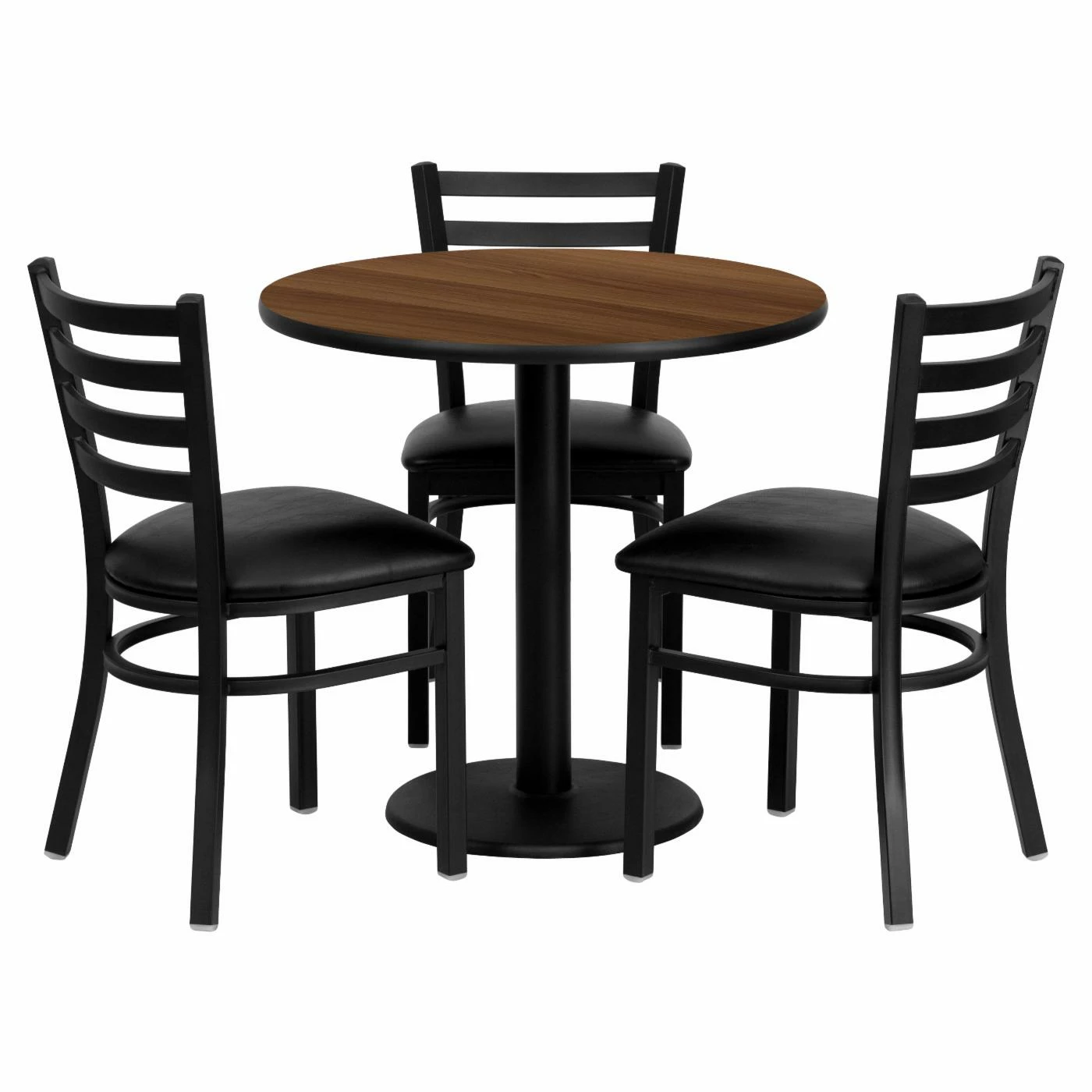 Wholesale 😀 Flash Furniture 30 In. Round Walnut Laminate Table Set With 3 Black Vinyl Seat Ladder Back Metal Chairs 🤩 3 Wholesale 😀 Flash Furniture 30 In. Round Walnut Laminate Table Set With 3 Black Vinyl Seat Ladder Back Metal Chairs 🤩