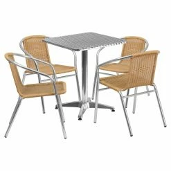 Outlet 🎉 Flash Furniture 23.5 In. Square Aluminum Indoor-Outdoor Table With 4 Rattan Arm Chairs 🌟