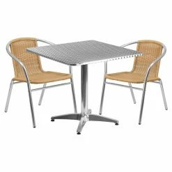 Best Pirce ⌛ Flash Furniture 31.5 In. Square Aluminum Indoor-Outdoor Table With 2 Rattan Arm Chairs 🔔